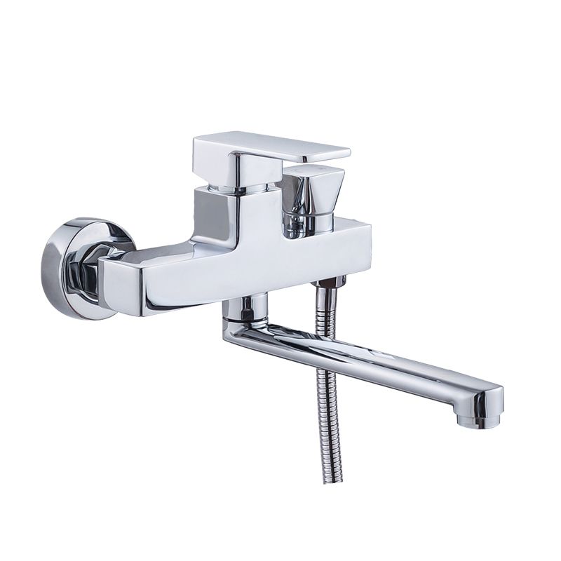 Chrome Polished Bathroom Faucet Wall Mount Swivel Spout with Handheld Shower Clearhalo 'Bathroom Remodel & Bathroom Fixtures' 'Bathtub Faucets' 'bathtub_faucets' 'Home Improvement' 'home_improvement' 'home_improvement_bathtub_faucets' 1200x1200_f34b22bf-0d82-44a3-9f21-dd7a151e5aa5