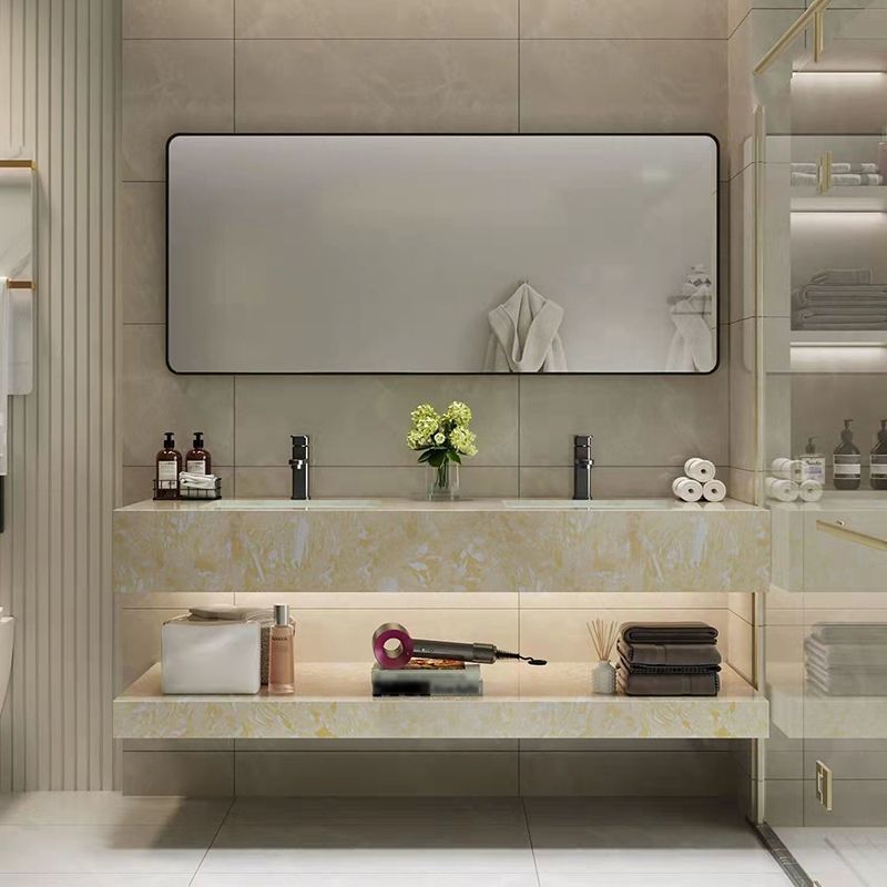 Yellow Stone Bath Vanity Shelving Included Single Sink Wall Mount Vanity Set with Mirror Clearhalo 'Bathroom Remodel & Bathroom Fixtures' 'Bathroom Vanities' 'bathroom_vanities' 'Home Improvement' 'home_improvement' 'home_improvement_bathroom_vanities' 1200x1200_f50ea2f7-30ba-4d21-9898-43e5c9bc76e3