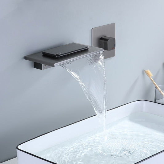 Wall Mounted Metal Waterfall Tub Filler Low Arc Bathroom Faucet Clearhalo 'Bathroom Remodel & Bathroom Fixtures' 'Bathtub Faucets' 'bathtub_faucets' 'Home Improvement' 'home_improvement' 'home_improvement_bathtub_faucets' 1200x1200_f747070a-161c-4892-a85f-84bdc077dc80