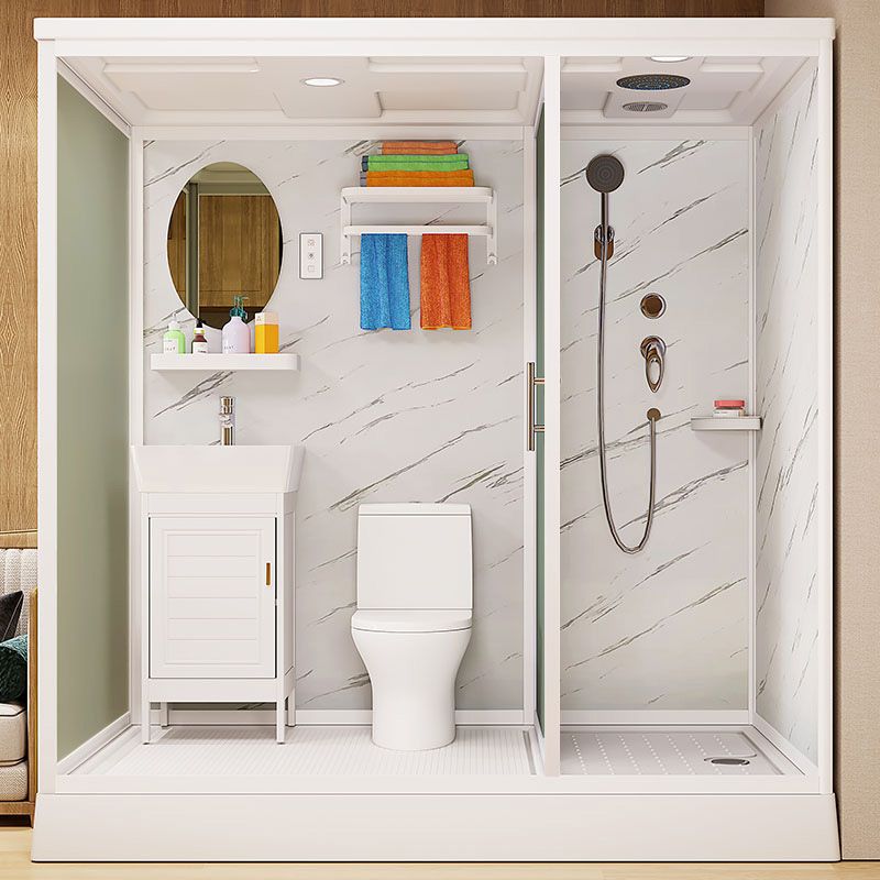 Frosted Glass Shower Enclosure Framed Single Sliding Shower Enclosure in White Clearhalo 'Bathroom Remodel & Bathroom Fixtures' 'Home Improvement' 'home_improvement' 'home_improvement_shower_stalls_enclosures' 'Shower Stalls & Enclosures' 'shower_stalls_enclosures' 'Showers & Bathtubs' 1200x1200_f788b697-9e79-4f03-93b1-2821f2d41d5e