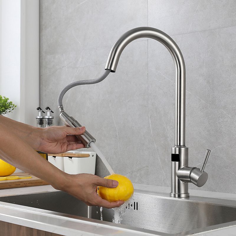 Modern Style Kitchen Faucet Stainless Steel Single Handle Retractable Kitchen Faucet Clearhalo 'Home Improvement' 'home_improvement' 'home_improvement_kitchen_faucets' 'Kitchen Faucets' 'Kitchen Remodel & Kitchen Fixtures' 'Kitchen Sinks & Faucet Components' 'kitchen_faucets' 1200x1200_f7a66f9b-953d-4d69-a7fc-e1383b91c25c