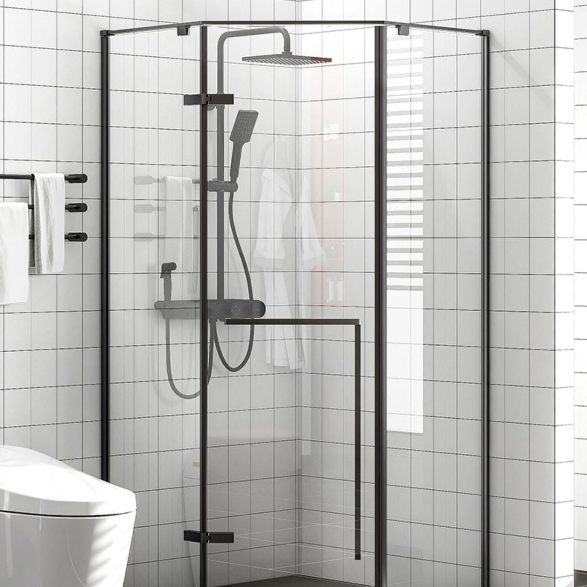 Neo-Angle Tempered Glass Shower Enclosure Black Framed Shower Enclosure Clearhalo 'Bathroom Remodel & Bathroom Fixtures' 'Home Improvement' 'home_improvement' 'home_improvement_shower_stalls_enclosures' 'Shower Stalls & Enclosures' 'shower_stalls_enclosures' 'Showers & Bathtubs' 1200x1200_f7f23186-ed5a-49fc-998e-942949b01658