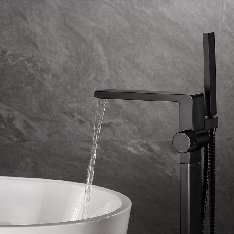 Freestanding Tub Filler Black Brass Single Knob Handle Fixed Tub Filler with Handshower Clearhalo 'Bathroom Remodel & Bathroom Fixtures' 'Bathtub Faucets' 'bathtub_faucets' 'Home Improvement' 'home_improvement' 'home_improvement_bathtub_faucets' 1200x1200_f846ca58-3415-451d-816f-9214f76d1bb5