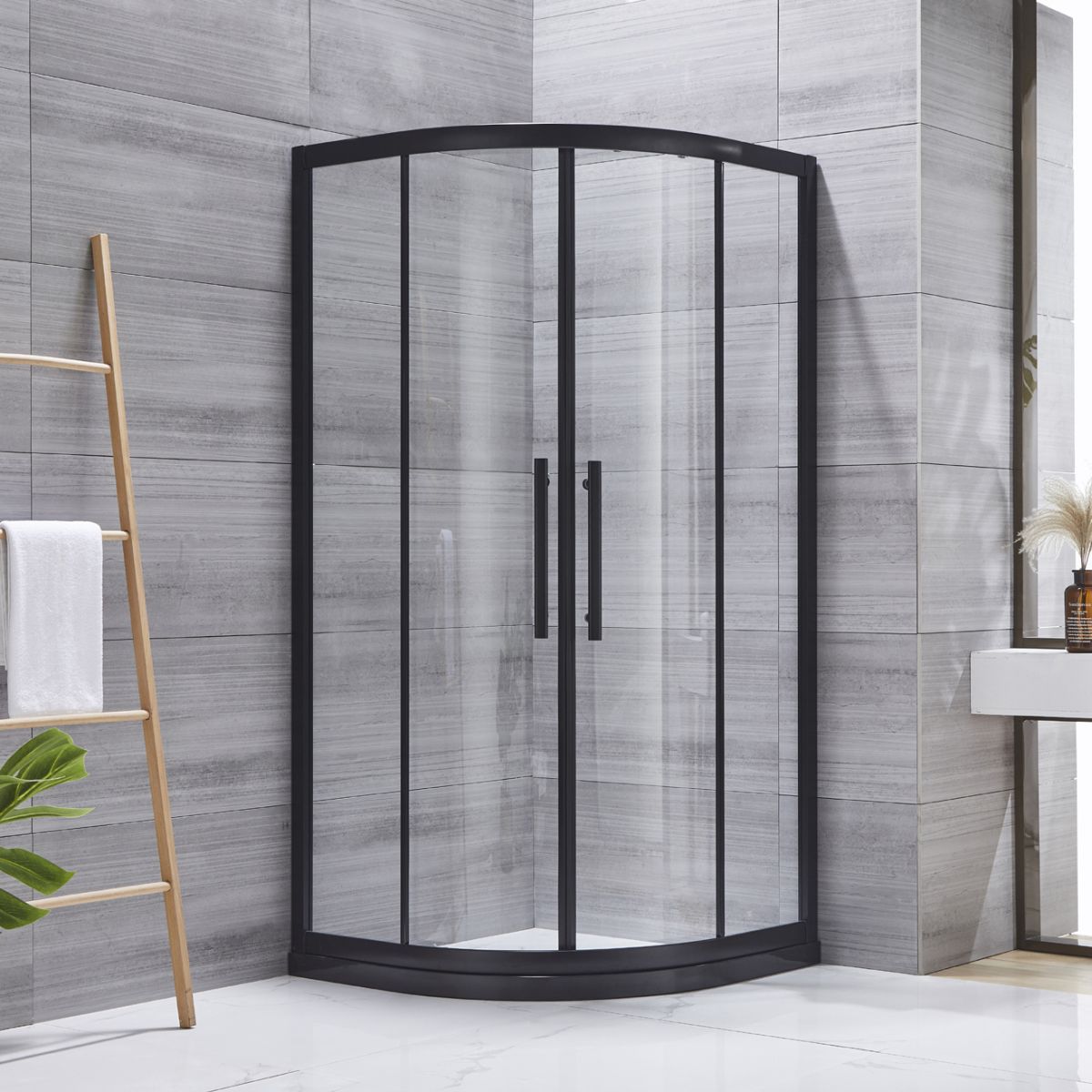 Neo-round Double Sliding Shower Enclosure Black Frame Shower Kit Clearhalo 'Bathroom Remodel & Bathroom Fixtures' 'Home Improvement' 'home_improvement' 'home_improvement_shower_stalls_enclosures' 'Shower Stalls & Enclosures' 'shower_stalls_enclosures' 'Showers & Bathtubs' 1200x1200_f8a42318-a9c5-4342-a003-bb40e738c9b5