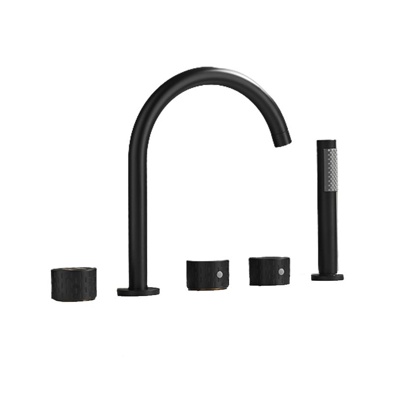 Modern Deck Mounted Metal Tub Filler Three Handles High Arch Faucet Clearhalo 'Bathroom Remodel & Bathroom Fixtures' 'Bathtub Faucets' 'bathtub_faucets' 'Home Improvement' 'home_improvement' 'home_improvement_bathtub_faucets' 1200x1200_f91abe26-23eb-4c41-addd-e17e3f26a62d