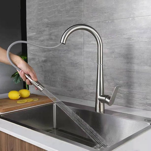 Modern Retractable Kitchen Faucet Stainless Steel 1-Handle High Arc Kitchen Faucet Clearhalo 'Home Improvement' 'home_improvement' 'home_improvement_kitchen_faucets' 'Kitchen Faucets' 'Kitchen Remodel & Kitchen Fixtures' 'Kitchen Sinks & Faucet Components' 'kitchen_faucets' 1200x1200_f9adda93-6ff8-4597-9929-56d5663a87d1