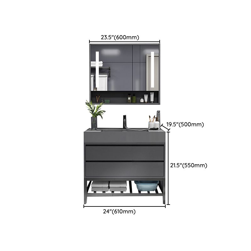 Grey Single Sink Vanity Wood Frame Mirror Rectangular Glam Faucet Vanity with 2 Drawers Clearhalo 'Bathroom Remodel & Bathroom Fixtures' 'Bathroom Vanities' 'bathroom_vanities' 'Home Improvement' 'home_improvement' 'home_improvement_bathroom_vanities' 1200x1200_f9e8b505-20bf-4041-9fbc-ee90ff12b582