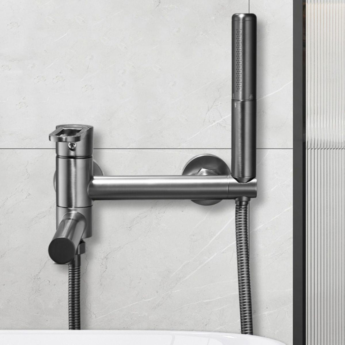 Fixed Metal Wall Mounted Contemporary Lever Handle Wall Mount Clearhalo 'Bathroom Remodel & Bathroom Fixtures' 'Bathtub Faucets' 'bathtub_faucets' 'Home Improvement' 'home_improvement' 'home_improvement_bathtub_faucets' 1200x1200_fb0d00c7-8b77-46b1-a899-f3d311b57c33