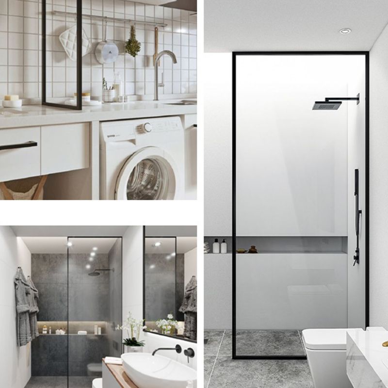 Black Full Frame One-shaped Fixed Semi-partition Shower Screen Clearhalo 'Bathroom Remodel & Bathroom Fixtures' 'Home Improvement' 'home_improvement' 'home_improvement_shower_tub_doors' 'Shower and Tub Doors' 'shower_tub_doors' 'Showers & Bathtubs' 1200x1200_fb86b8ee-6e12-438b-aeaf-56dac9069da9