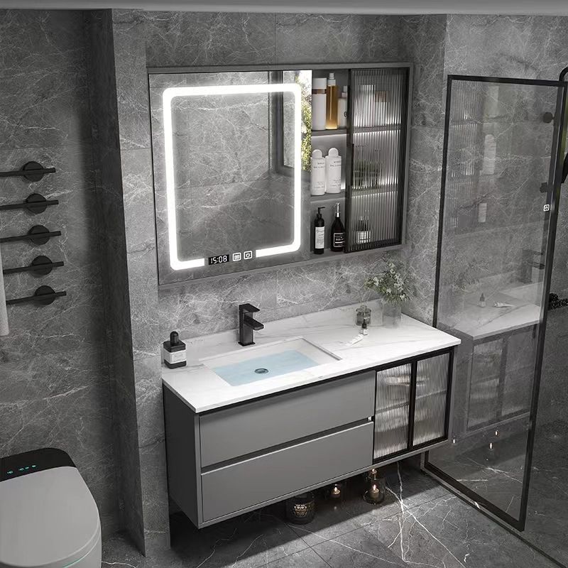 Wall Mount Bath Vanity Grey Metal Frame Mirror Single Sink Bathroom Vanity with Drawers Clearhalo 'Bathroom Remodel & Bathroom Fixtures' 'Bathroom Vanities' 'bathroom_vanities' 'Home Improvement' 'home_improvement' 'home_improvement_bathroom_vanities' 1200x1200_fc1b43d3-3afe-43ed-a4b3-1e9caea96cc8