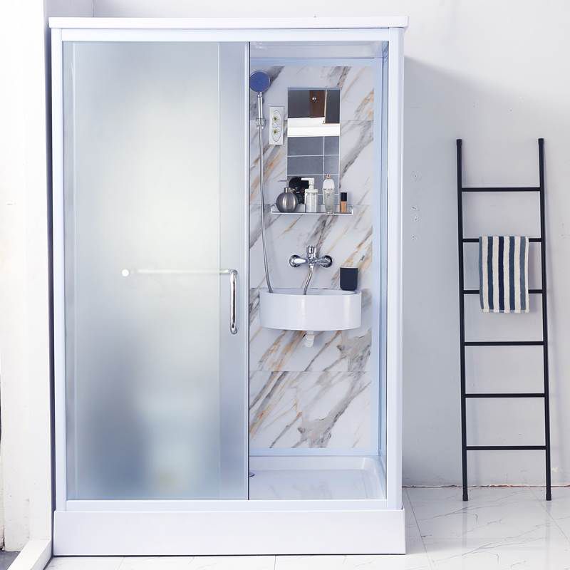 White Single Sliding Shower Kit Rectangle Frosted Shower Stall Clearhalo 'Bathroom Remodel & Bathroom Fixtures' 'Home Improvement' 'home_improvement' 'home_improvement_shower_stalls_enclosures' 'Shower Stalls & Enclosures' 'shower_stalls_enclosures' 'Showers & Bathtubs' 1200x1200_fc9fb808-2c93-4eaf-a013-9d244f772799