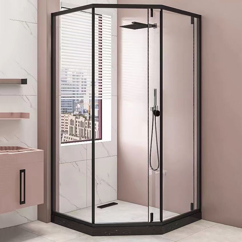 Framed Single Sliding Shower Enclosure Neo-Angle Black Shower Enclosure Clearhalo 'Bathroom Remodel & Bathroom Fixtures' 'Home Improvement' 'home_improvement' 'home_improvement_shower_stalls_enclosures' 'Shower Stalls & Enclosures' 'shower_stalls_enclosures' 'Showers & Bathtubs' 1200x1200_fe3c14e5-77c1-4f6a-af23-26007fb7b550