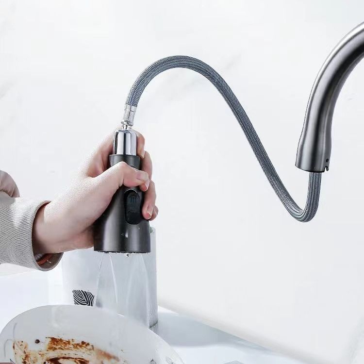 Contemporary Retractable Faucet Copper Single Handle High Arc Faucet for Kitchen Clearhalo 'Home Improvement' 'home_improvement' 'home_improvement_kitchen_faucets' 'Kitchen Faucets' 'Kitchen Remodel & Kitchen Fixtures' 'Kitchen Sinks & Faucet Components' 'kitchen_faucets' 1200x1200_fe66ef90-8c41-4156-922b-105ac0c3ea3e