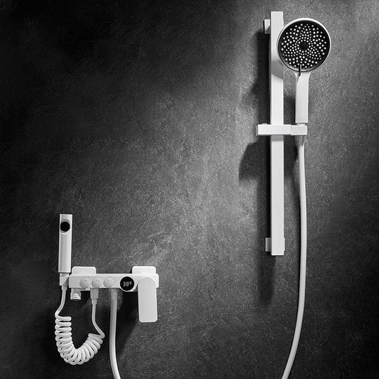 Round Shower Set White Wall Mounted Handshower Lever Handle Shower Hose Swivel Shower Set Clearhalo 'Bathroom Remodel & Bathroom Fixtures' 'Home Improvement' 'home_improvement' 'home_improvement_shower_faucets' 'Shower Faucets & Systems' 'shower_faucets' 'Showers & Bathtubs Plumbing' 'Showers & Bathtubs' 1200x1200_fe875465-88fe-4e95-824c-089e1a679760