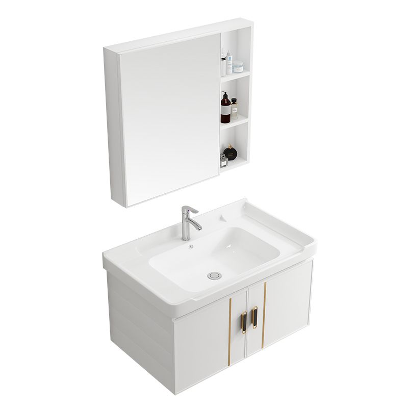 Vanity Sink White Wall Mounted Drawers Doors Faucet Ceramic Sink Vanity with Mirror Clearhalo 'Bathroom Remodel & Bathroom Fixtures' 'Bathroom Vanities' 'bathroom_vanities' 'Home Improvement' 'home_improvement' 'home_improvement_bathroom_vanities' 1200x1200_fecfafff-f6e0-42de-ae73-e640002c4def