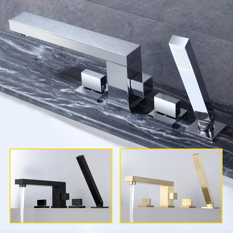 Contemporary Bath Faucet Deck Mount Plain Bathtub Faucet with Knob Handles Clearhalo 'Bathroom Remodel & Bathroom Fixtures' 'Bathtub Faucets' 'bathtub_faucets' 'Home Improvement' 'home_improvement' 'home_improvement_bathtub_faucets' 1200x1200_ff45ddf3-632d-42f8-bd86-fa74b20945a3