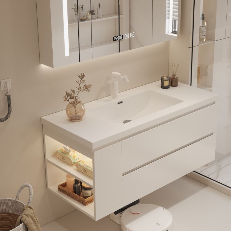 White Bathroom Vanity Wood Rectangle Single Sink Wall Mount 2 Drawers Vanity Set Clearhalo 'Bathroom Remodel & Bathroom Fixtures' 'Bathroom Vanities' 'bathroom_vanities' 'Home Improvement' 'home_improvement' 'home_improvement_bathroom_vanities' 1200x1200_ff55f72f-7232-4bf2-bf88-cf0f5590149e