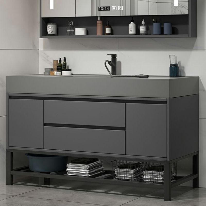 2 Drawers Bathroom Vanity Single Sink Wood Frame Mirror Soft Close Door in Grey Clearhalo 'Bathroom Remodel & Bathroom Fixtures' 'Bathroom Vanities' 'bathroom_vanities' 'Home Improvement' 'home_improvement' 'home_improvement_bathroom_vanities' 1200x1200_ff6d3a67-0c1d-41d7-8652-2fa46014195b