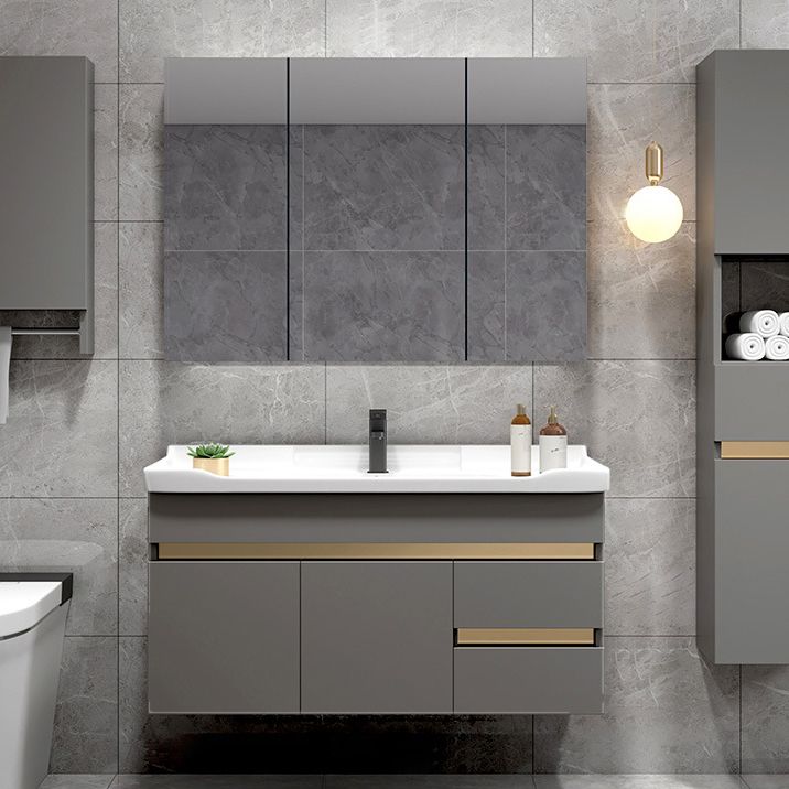 Scratch Resistant Bath Vanity Grey Drawers Wood Frame Mirror Wall Mount 2 Doors Vanity Clearhalo 'Bathroom Remodel & Bathroom Fixtures' 'Bathroom Vanities' 'bathroom_vanities' 'Home Improvement' 'home_improvement' 'home_improvement_bathroom_vanities' 1200x1200_ffea2413-07b8-42d6-a20b-35a9f53e872e