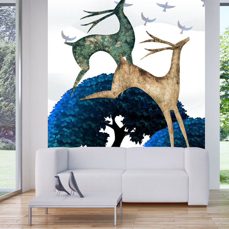 Scandinavian Deers Mural Wallpaper for Bedroom Customized Wall Covering in Blue-Green Blue-Green B Clearhalo 'Wall Decor' 'Wall Mural' 1202419
