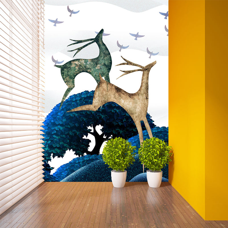 Scandinavian Deers Mural Wallpaper for Bedroom Customized Wall Covering in Blue-Green Clearhalo 'Wall Decor' 'Wall Mural' 1202420