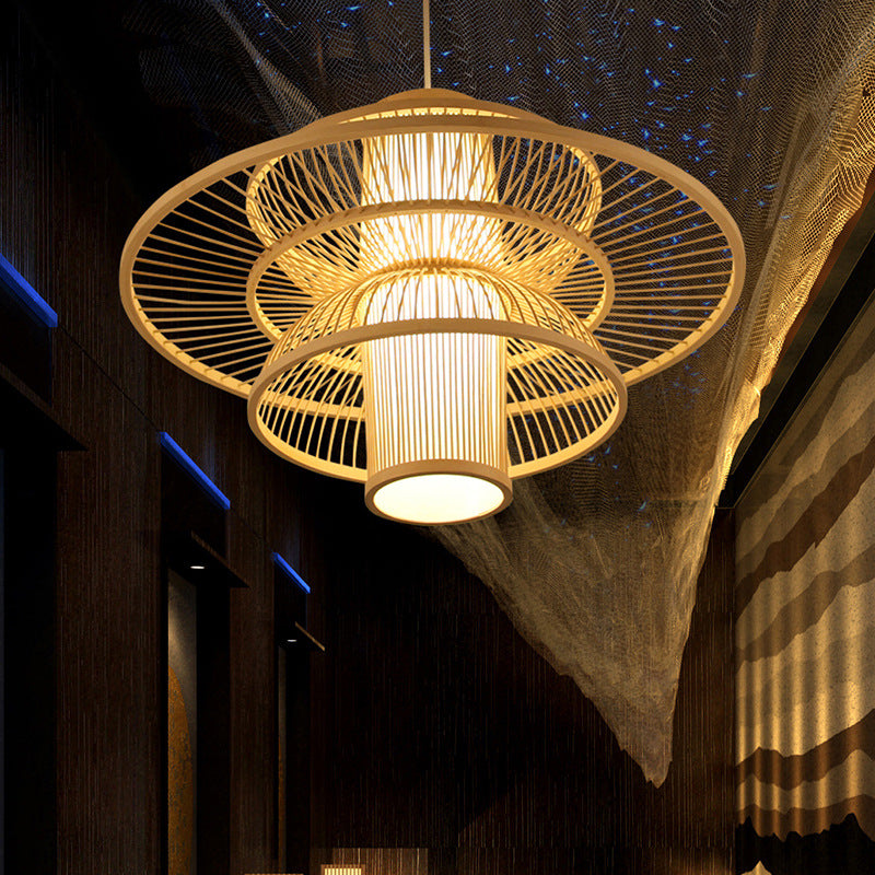 Lotus-Shaped Pendant Lamp Asian Style Bamboo 16"/19.5" W 1 Light Black/Beige Hanging Lighting for Restaurant Beige 23.5" Clearhalo 'Ceiling Lights' 'Pendant Lights' 'Pendants' Lighting' 120271_fd077ec6-dc06-4316-88b8-f243159e8f18