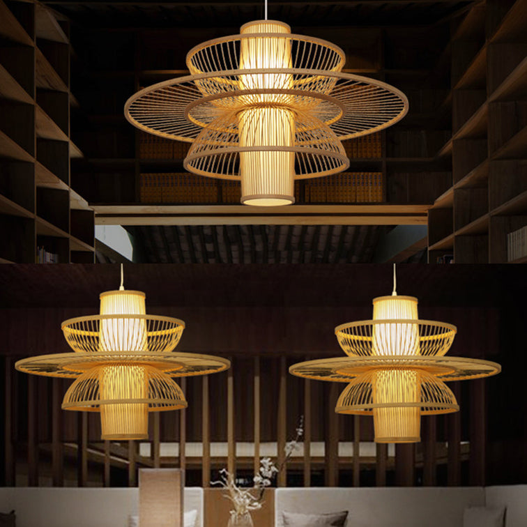 Lotus-Shaped Pendant Lamp Asian Style Bamboo 16"/19.5" W 1 Light Black/Beige Hanging Lighting for Restaurant Clearhalo 'Ceiling Lights' 'Pendant Lights' 'Pendants' Lighting' 120272