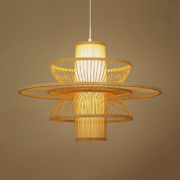 Lotus-Shaped Pendant Lamp Asian Style Bamboo 16"/19.5" W 1 Light Black/Beige Hanging Lighting for Restaurant Clearhalo 'Ceiling Lights' 'Pendant Lights' 'Pendants' Lighting' 120273