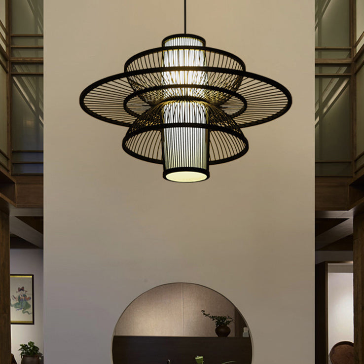 Lotus-Shaped Pendant Lamp Asian Style Bamboo 16"/19.5" W 1 Light Black/Beige Hanging Lighting for Restaurant Clearhalo 'Ceiling Lights' 'Pendant Lights' 'Pendants' Lighting' 120275