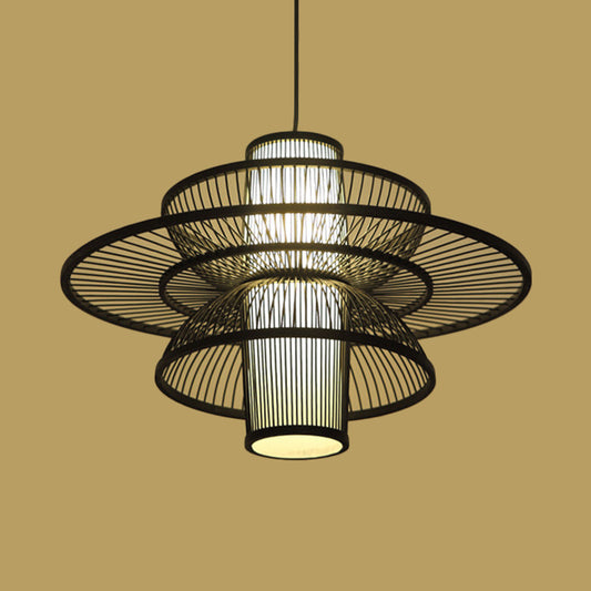 Lotus-Shaped Pendant Lamp Asian Style Bamboo 16"/19.5" W 1 Light Black/Beige Hanging Lighting for Restaurant Clearhalo 'Ceiling Lights' 'Pendant Lights' 'Pendants' Lighting' 120276