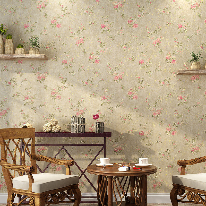 Embossed Vinyl Wall Art Countryside Non-Pasted Wallpaper with Peony Pattern for Dining Room Light Coffee Clearhalo 'Country wall decor' 'Rustic' 'Wallpaper' Wall Decor' 1202831