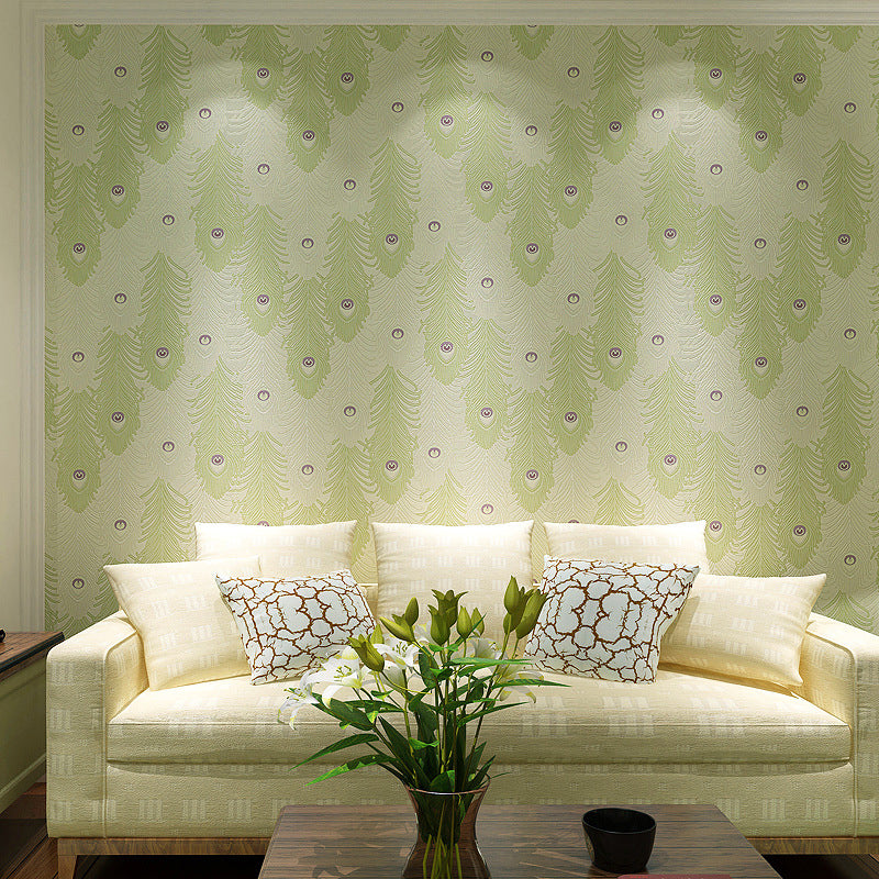 Non-Pasted Vinyl Wallpaper Peacock Feather Living Room Wall Decoration in Light Color Green Clearhalo 'Country wall decor' 'Rustic' 'Wallpaper' Wall Decor' 1202873