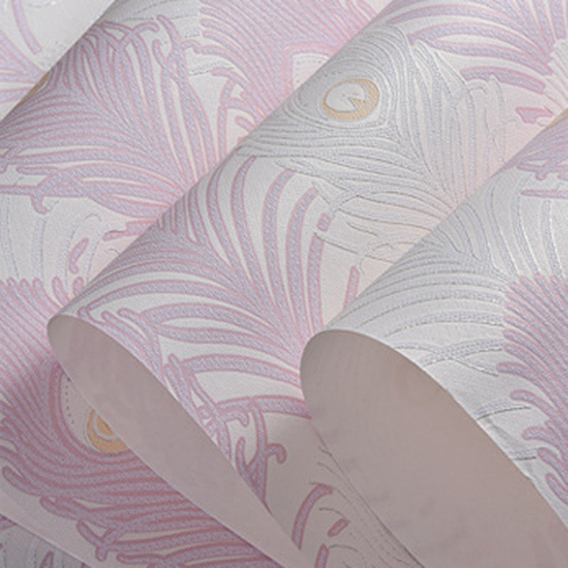 Non-Pasted Vinyl Wallpaper Peacock Feather Living Room Wall Decoration in Light Color Purple-Pink Clearhalo 'Country wall decor' 'Rustic' 'Wallpaper' Wall Decor' 1202882