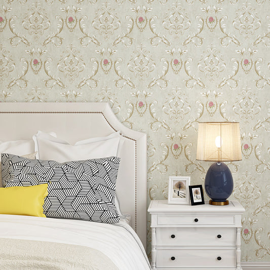Satin Wallpaper Roll Scroll Flower 3D Embossed Wall Decor in Soft Color for Home Light Beige Clearhalo 'Vintage wall decor' 'Vintage' 'Wallpaper' Wall Decor' 1203046