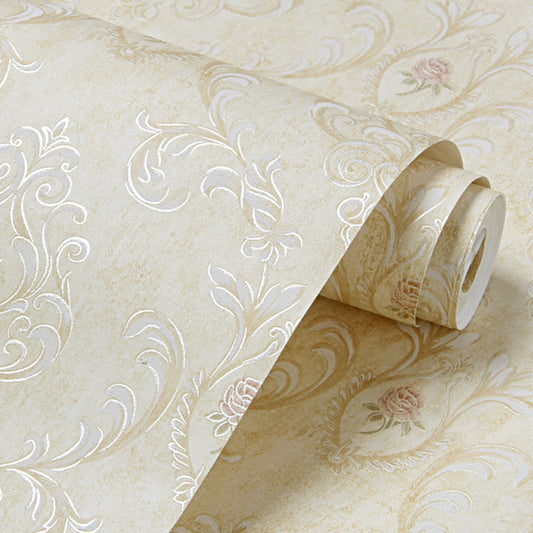 Satin Wallpaper Roll Scroll Flower 3D Embossed Wall Decor in Soft Color for Home Light Yellow Clearhalo 'Vintage wall decor' 'Vintage' 'Wallpaper' Wall Decor' 1203049