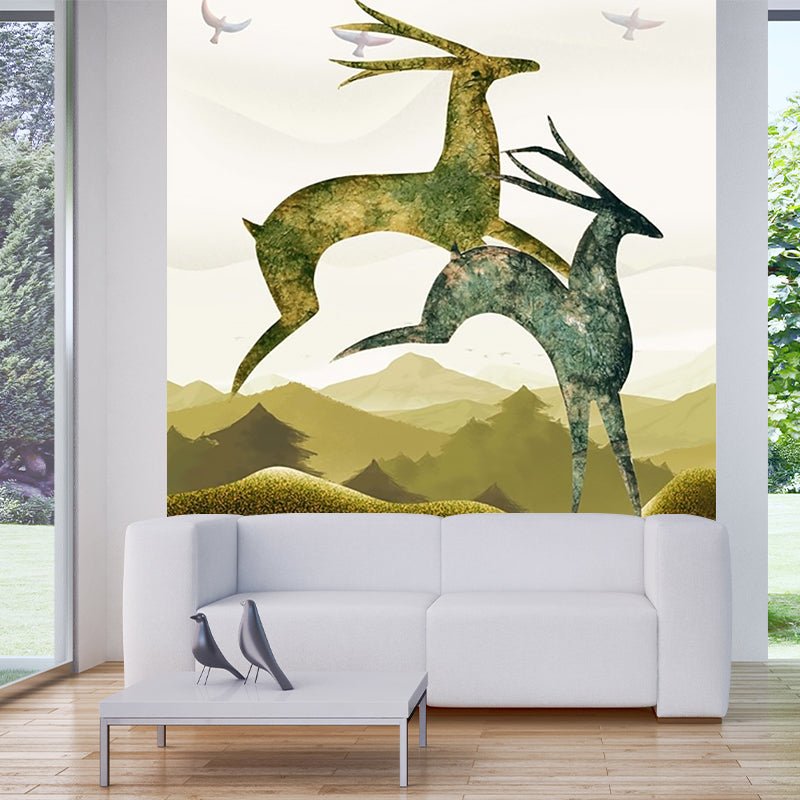 Blue-Brown Deer Mural Decal Animal Nordic Style Stain Resistant Wall Art for Bedroom Blue-Brown A Clearhalo 'Wall Decor' 'Wall Mural' 1203263