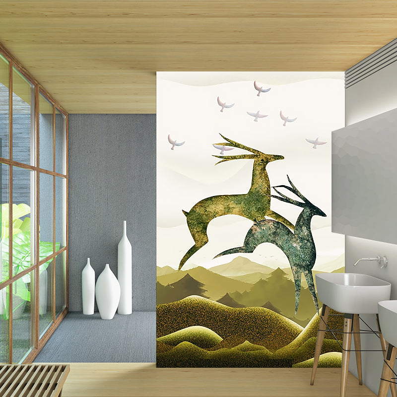 Blue-Brown Deer Mural Decal Animal Nordic Style Stain Resistant Wall Art for Bedroom Clearhalo 'Wall Decor' 'Wall Mural' 1203265