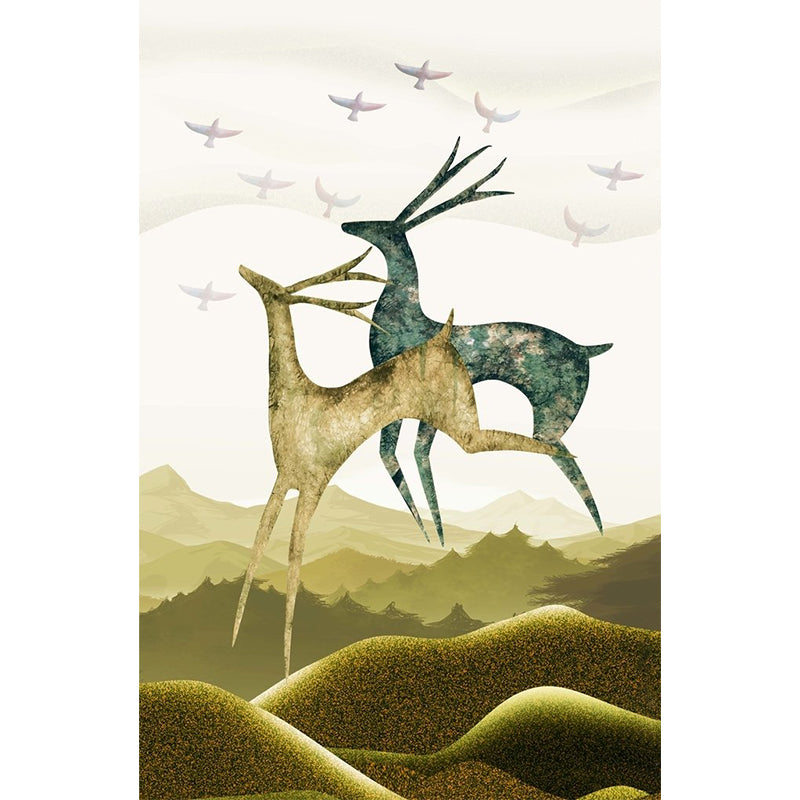 Blue-Brown Deer Mural Decal Animal Nordic Style Stain Resistant Wall Art for Bedroom Clearhalo 'Wall Decor' 'Wall Mural' 1203271