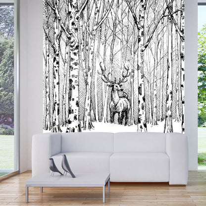 Black-White Modern Art Mural Full Size Deer in Bare Trees Patterned Wall Decor for Home Black-White Clearhalo 'Wall Decor' 'Wall Mural' 1203283