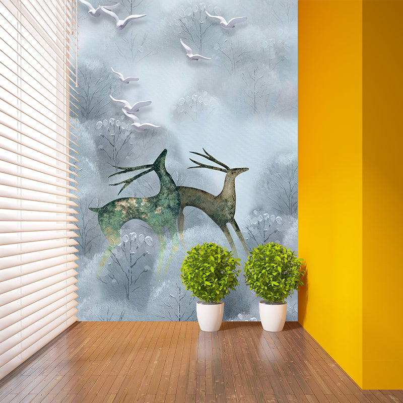 Large Scandinavian Wall Murals Grey and Blue Deers in Foggy Bushes Wall Decor, Customized Size Clearhalo 'Wall Decor' 'Wall Mural' 1203314