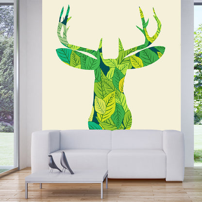 Green Deer-Shaped Leaf Mural Decal Water Resistant Wall Covering for Living Room Green Clearhalo 'Wall Decor' 'Wall Mural' 1203426