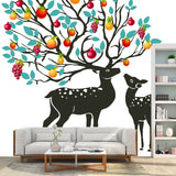 Full Size Decorative Wallpaper Mural Red-Yellow-Blue Sika Deer with Fruit Tree Antler Wall Covering, Custom Print Clearhalo 'Wall Decor' 'Wall Mural' 1203465