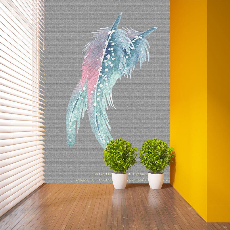 Simple Feather Print Wallpaper Murals for Bedroom Customized Wall Art in Grey-Pink-Green Clearhalo 'Wall Decor' 'Wall Mural' 1203493