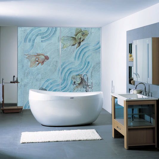 Goldfish in Flowing Steam Murals Grey-Blue Art Deco Wall Covering for Kids Bedroom