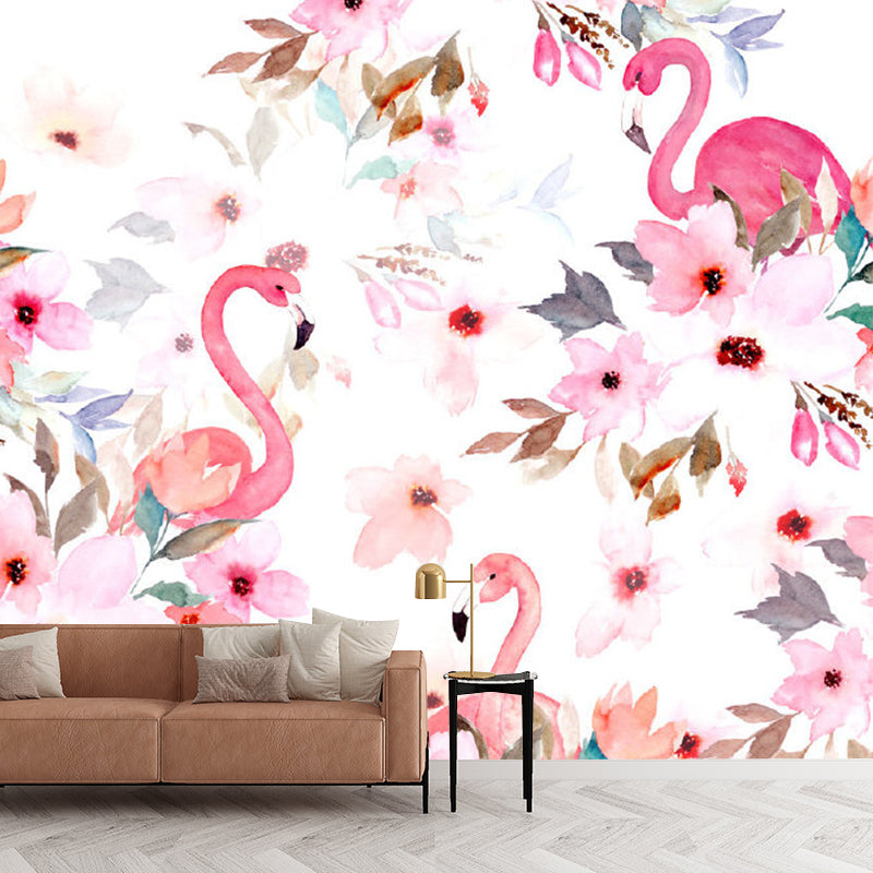 Flamingo Flower Print Wall Murals Tropical Non-Woven Fabric Wall Decor in Pink for Home Clearhalo 'Wall Decor' 'Wall Mural' 1203567
