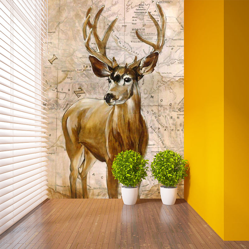 Scandinavian World Map Stag Mural Decal Brown Bedroom Wall Covering, Custom Size Clearhalo 'Wall Decor' 'Wall Mural' 1203646