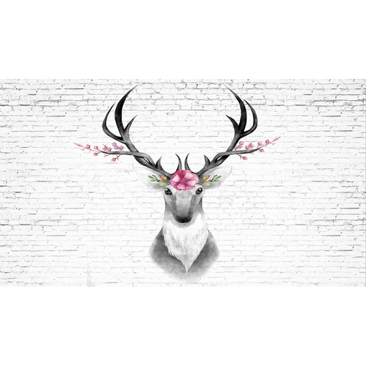 Deer Head and Brick Mural Wallpaper Grey and Pink Art Deco Wall Covering for Bedroom