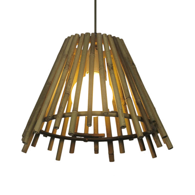Bamboo Stick Cone Shade Ceiling Light Vintage One LED Bulb Natural Wood Suspension Lamp with Adjustable Cord Clearhalo 'Ceiling Lights' 'Modern Pendants' 'Modern' 'Pendant Lights' 'Pendants' Lighting' 120511