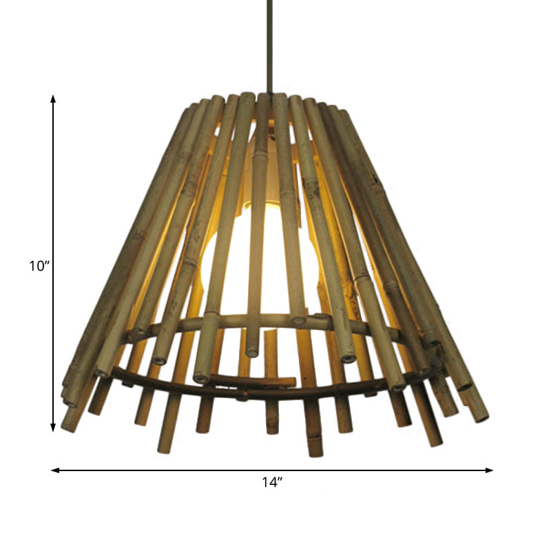 Bamboo Stick Cone Shade Ceiling Light Vintage One LED Bulb Natural Wood Suspension Lamp with Adjustable Cord Clearhalo 'Ceiling Lights' 'Modern Pendants' 'Modern' 'Pendant Lights' 'Pendants' Lighting' 120512