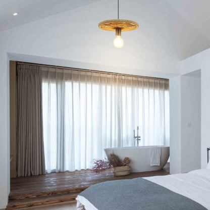 Rattan Round Shaped Pendant Lamp Modernism Style 1 Head Beige Hanging Lighting with Open Bulb Beige Clearhalo 'Ceiling Lights' 'Pendant Lights' 'Pendants' Lighting' 120563_39978559-0150-4892-ae6c-efca95f05beb